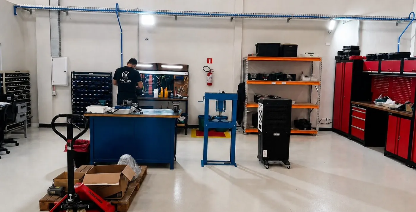 Bancada de trabalho na fábrica da Cactos Solutions
