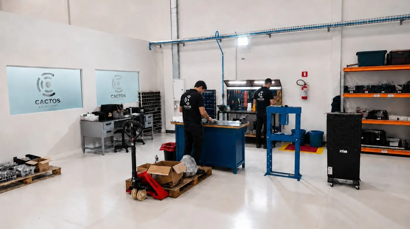 Equipe da Cactos Solutions trabalhando na oficina